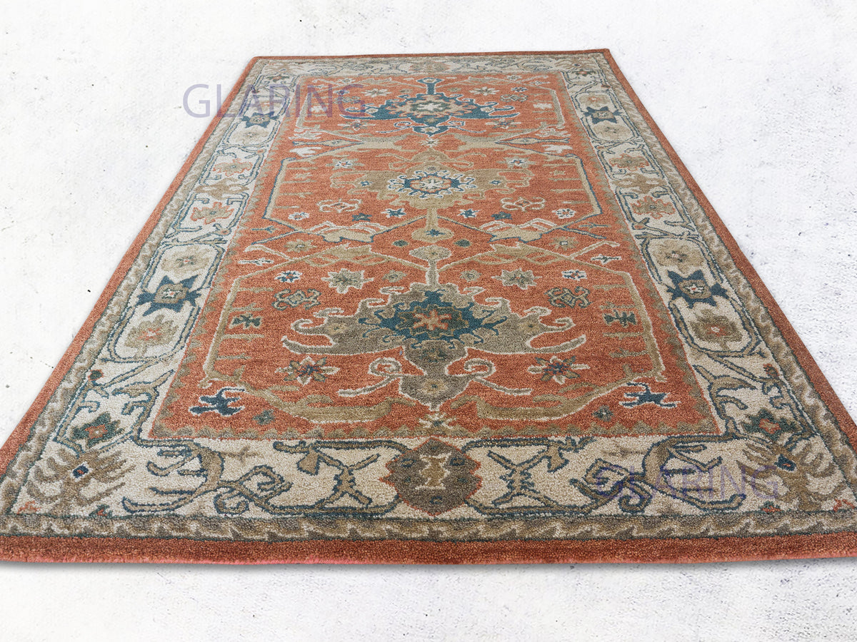 Terracotta and Ivory Handmade Wool Rug with Persian Inspired Design