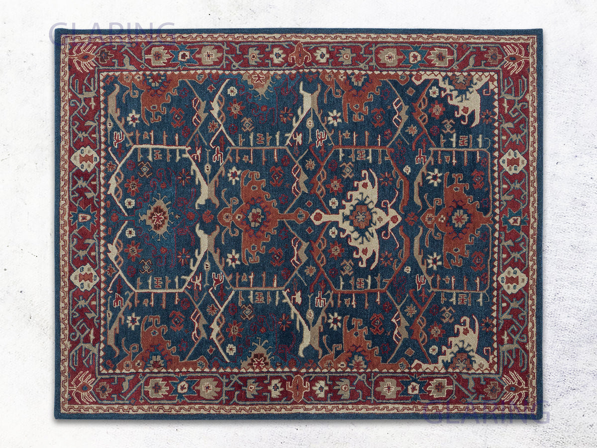 Handmade Navy Blue Persian Wool Area Rug with Rust Tribal Pattern