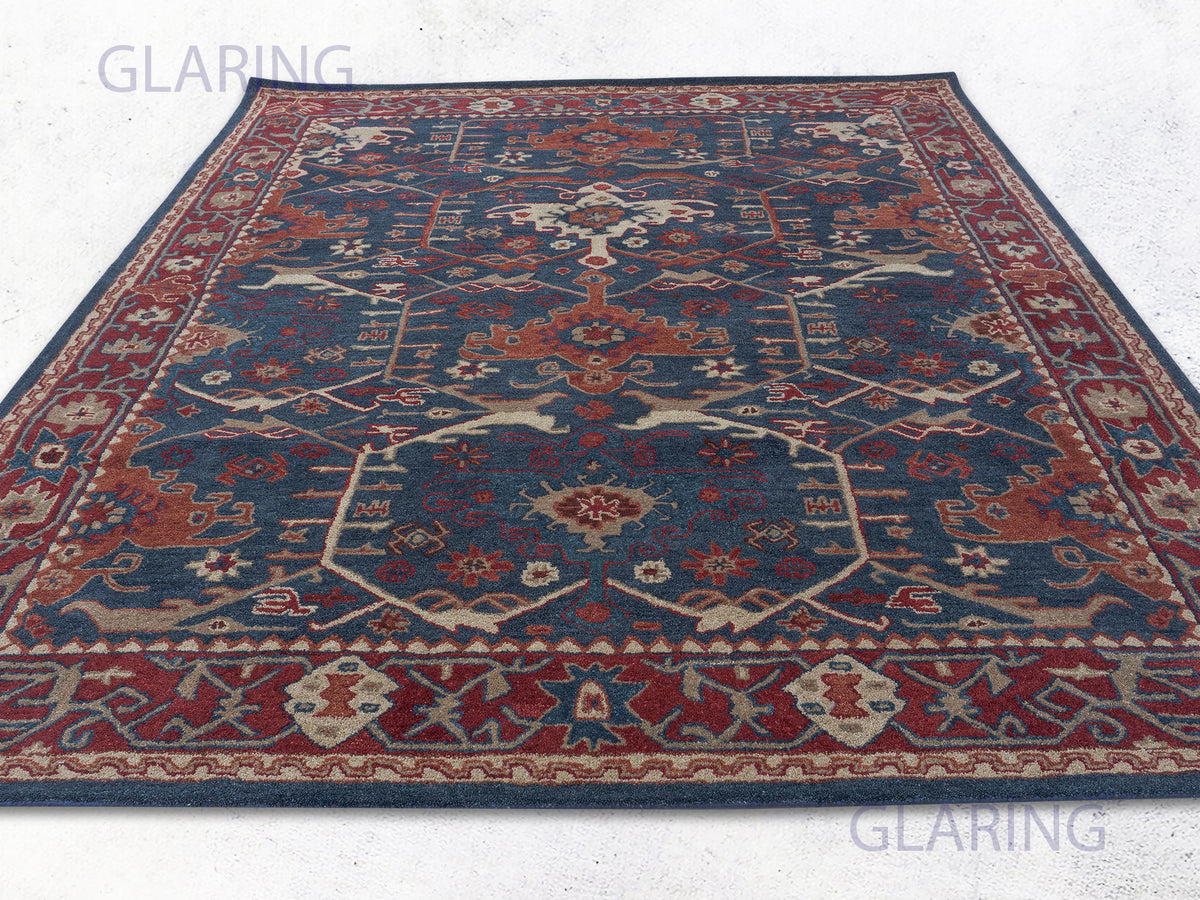 Traditional Navy Blue and Rust Handmade Wool Rug