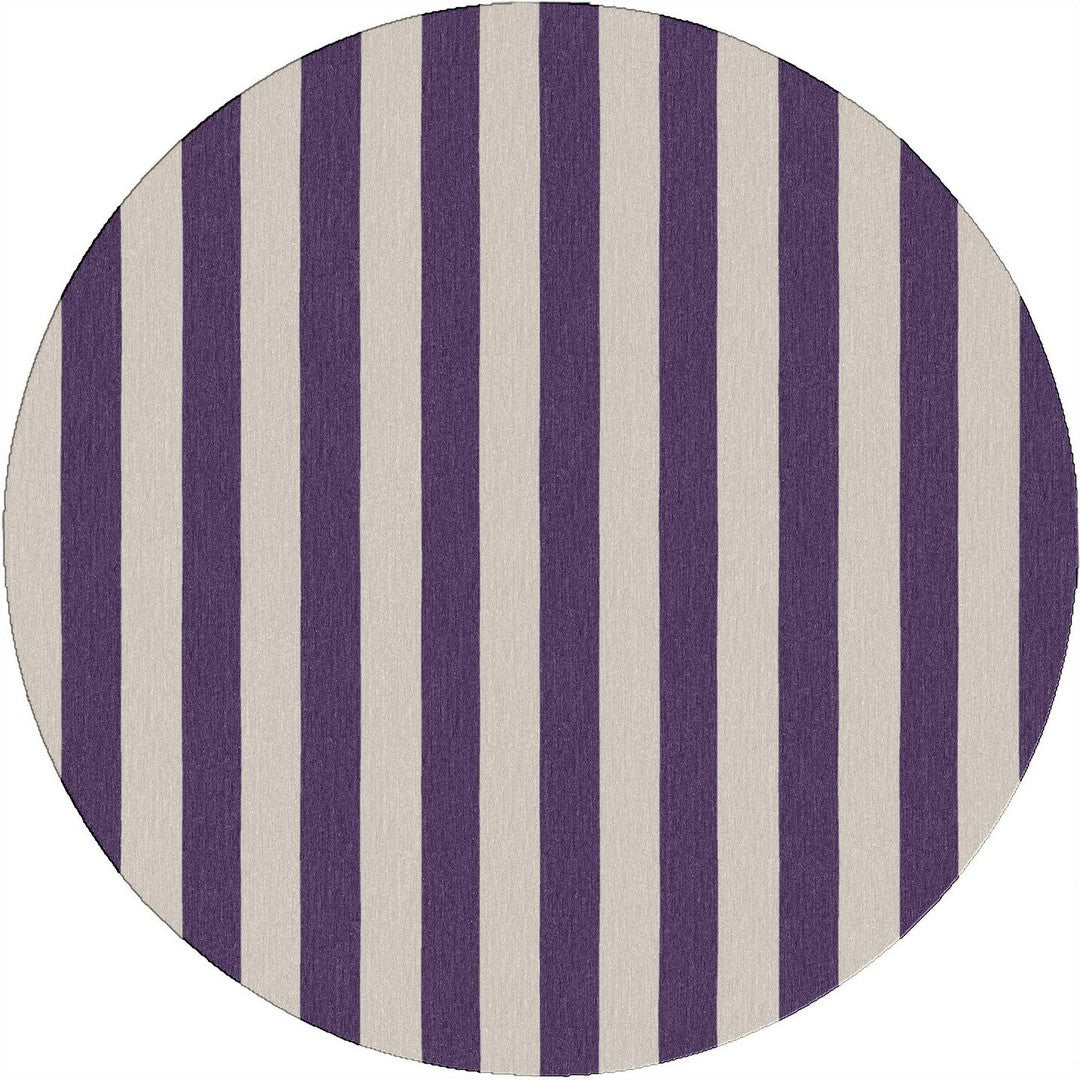 Purple Striped Rug featuring bold purple and beige vertical stripes in a circular design, ideal for modern living spaces.