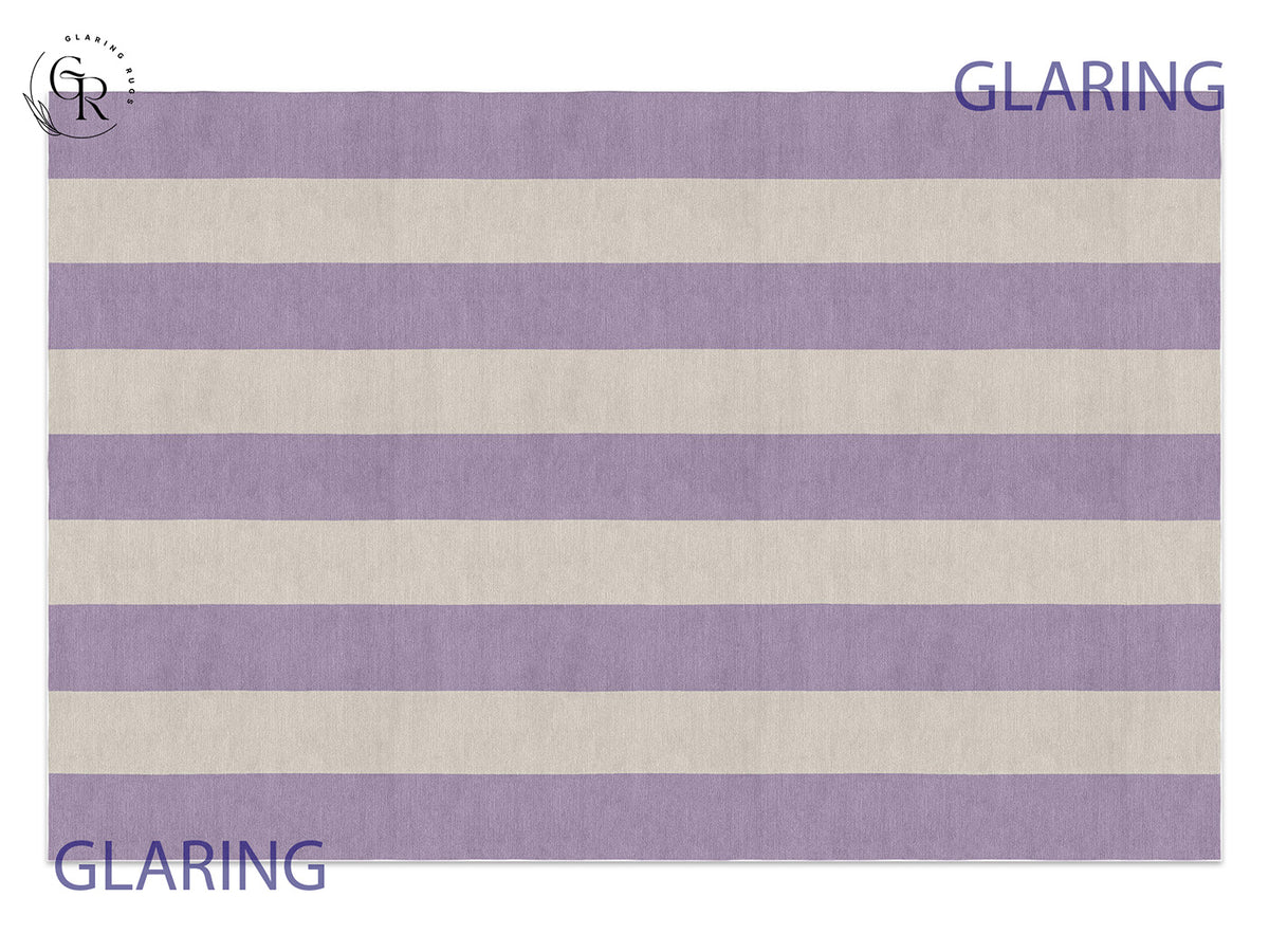 Purple Striped Rug featuring horizontal purple and beige stripes, handmade from Indian Wool, modern geometric design.
