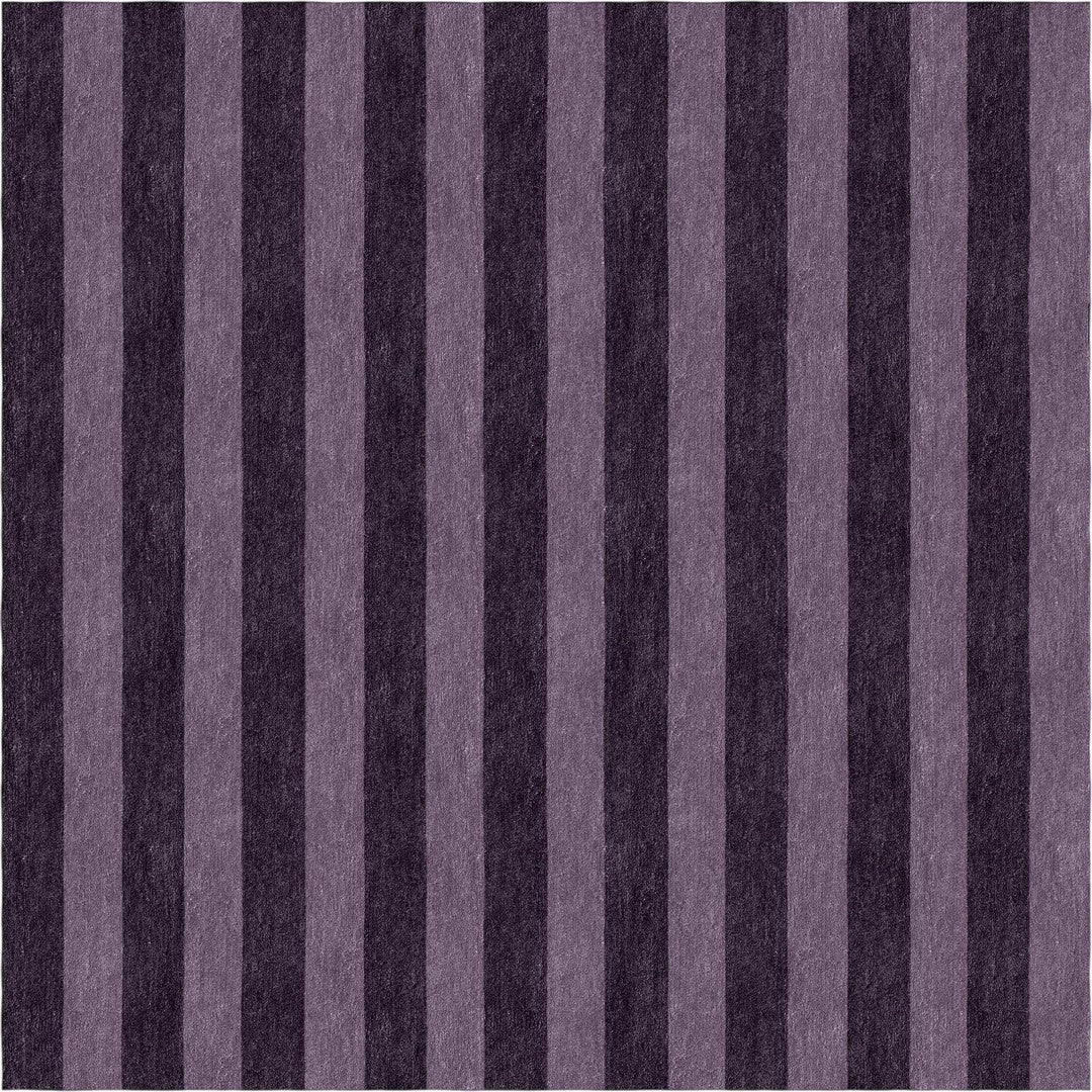 Vertical Purple Striped Rug design with alternating dark and light purple stripes, showcasing modern geometric pattern.