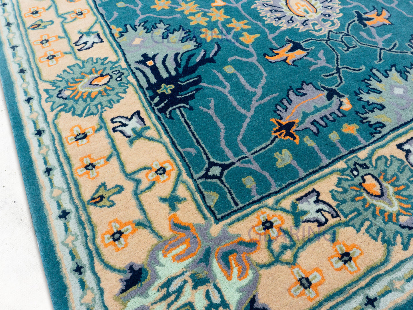 Handmade Wool Rug | Teal Blue & Orange Floral Rugs 5x8