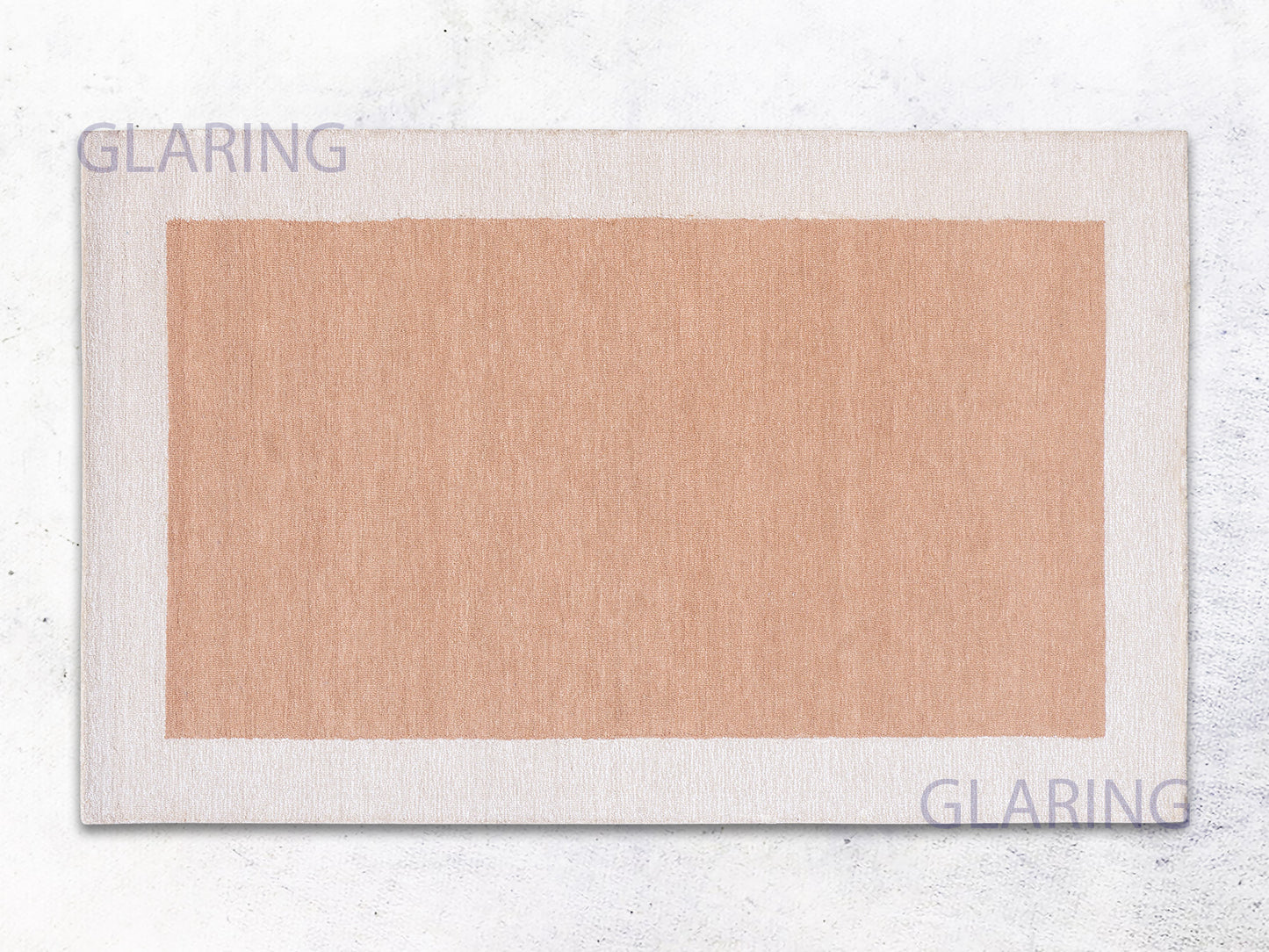 A rectangular rug with a border loop design in rust and ivory colors, with the brand name 'GLARING' visible at the top and bottom.