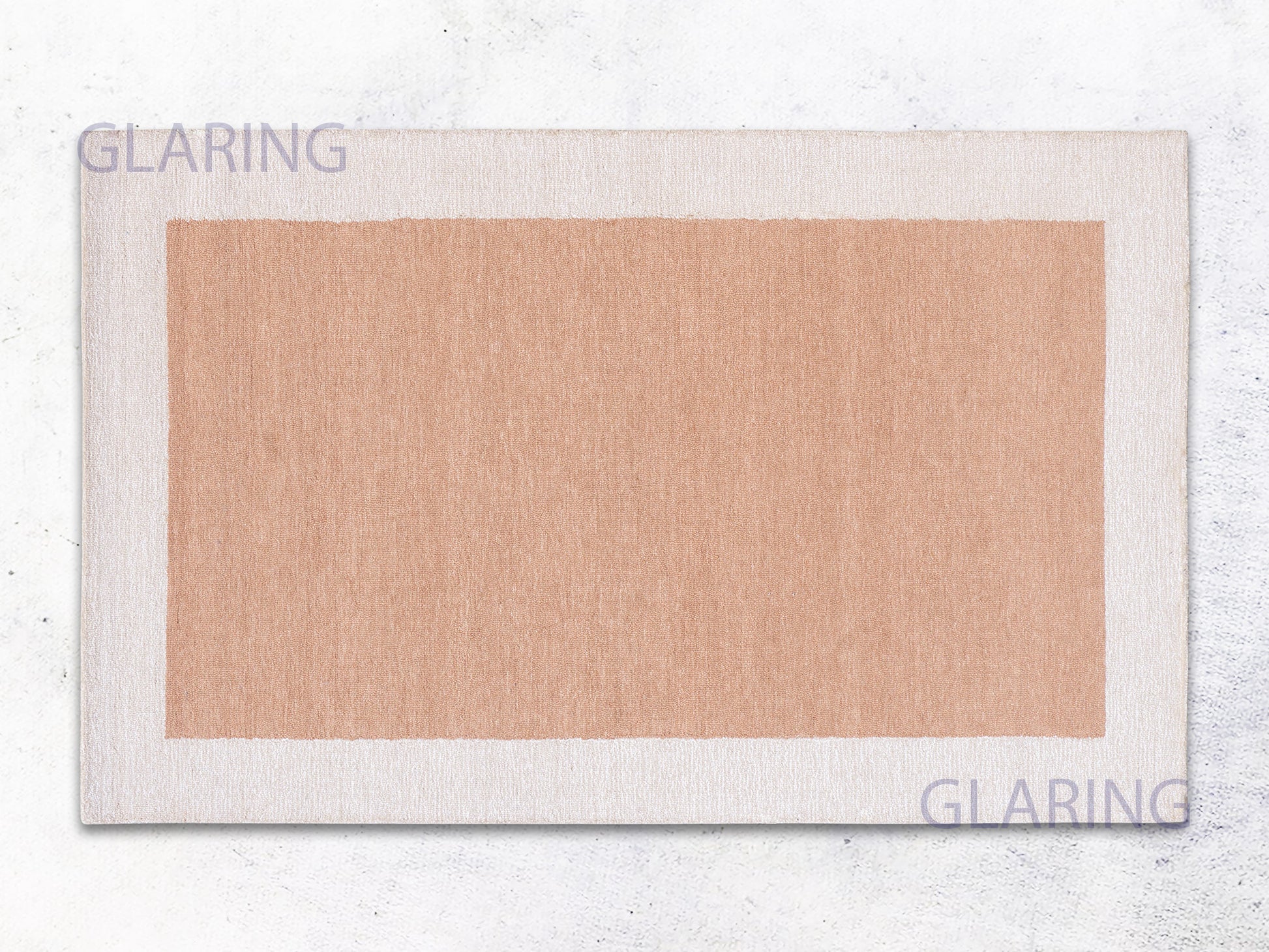 A rectangular rug with a border loop design in rust and ivory colors, with the brand name 'GLARING' visible at the top and bottom.
