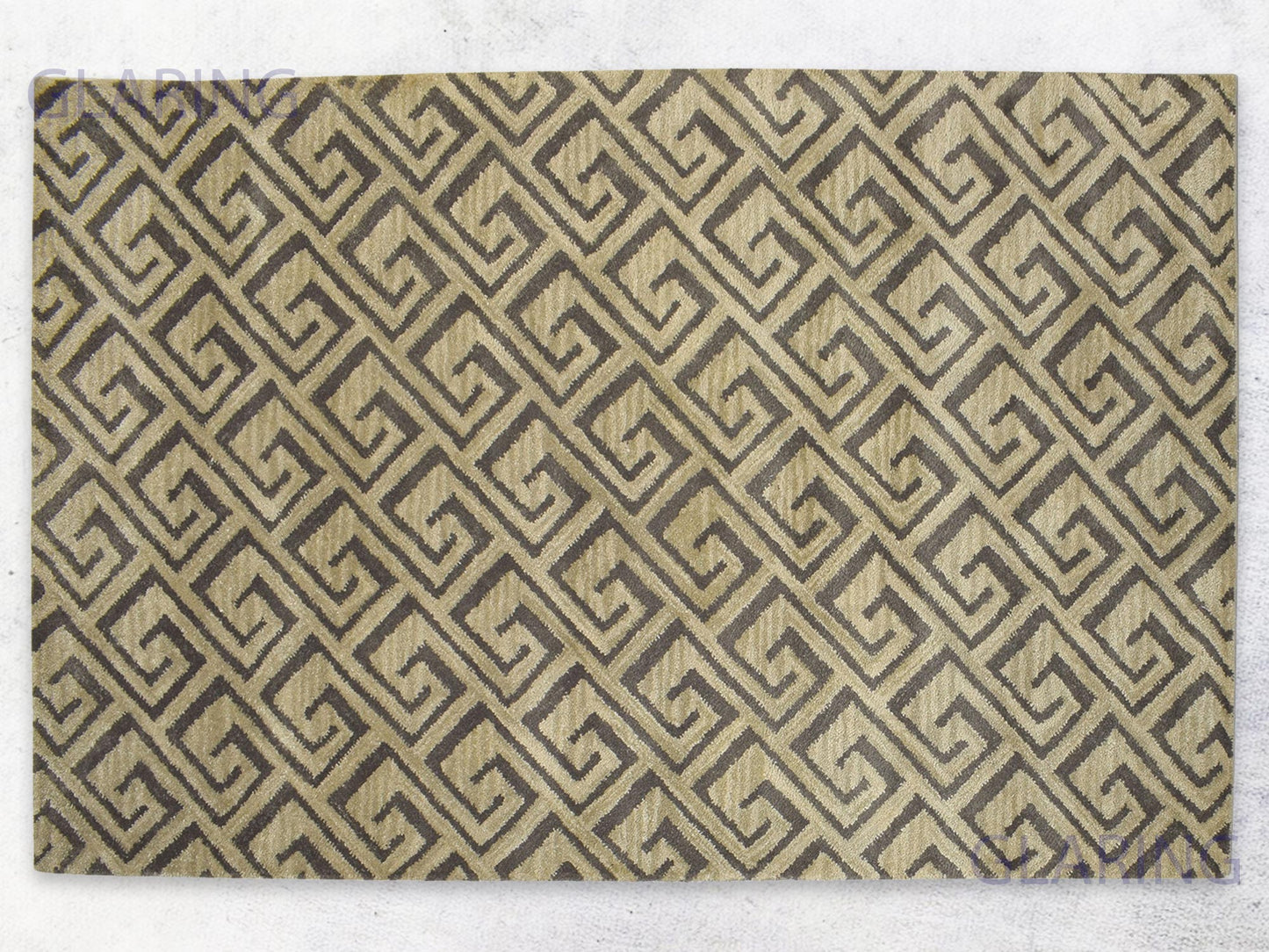 A rectangular rug with a geometric design featuring diamonds in beige and brown colors.