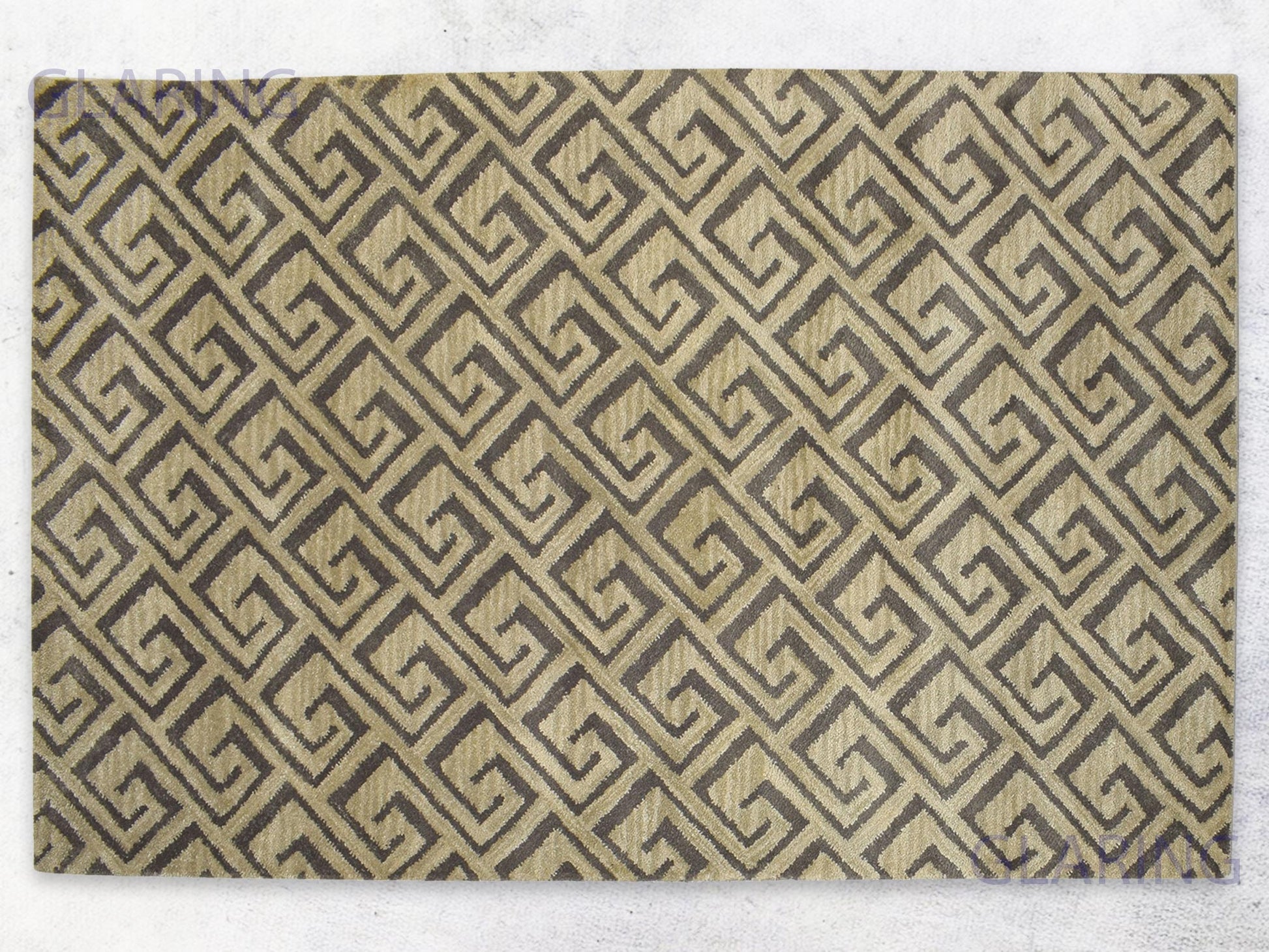 A rectangular rug with a geometric design featuring diamonds in beige and brown colors.