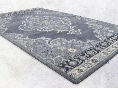Handmade Heriz-Indian Rug | Oriental Design in Grey, Ivory & Beige
