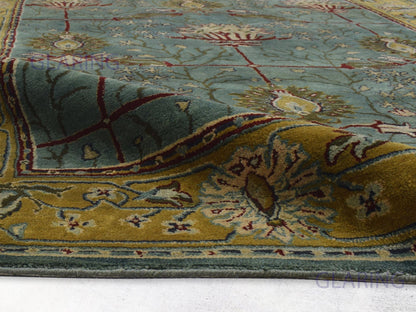 Traditional teal blue rug Persian design in teal blue, gold, green and red color
