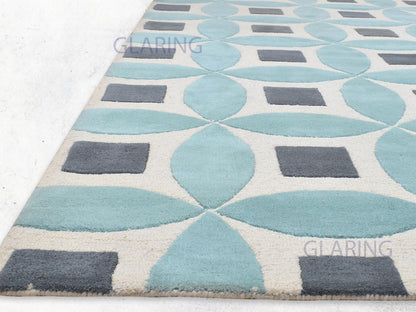 Handmade Moroccan Rug | Geometric Design in Blue, Grey & Ivory