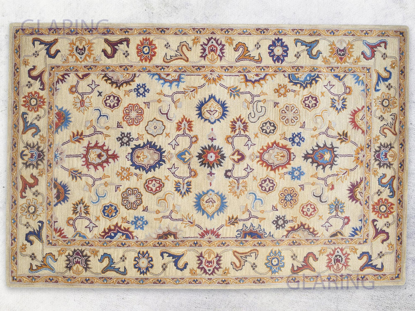 A rectangular, handmade Bohemian rug with an Oriental design featuring geometric and floral patterns in beige, blue, and red colors.