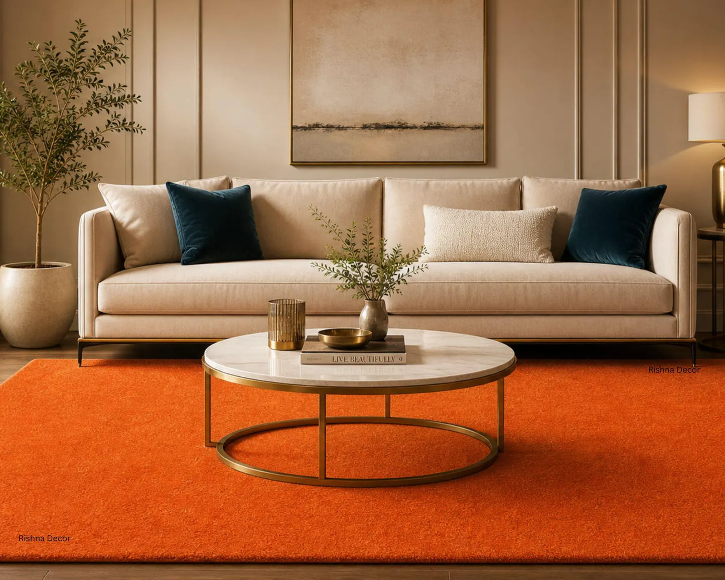 Burnt Orange Wool Area Rug, Handmade Solid Color Rug, New-Zealand Wool
