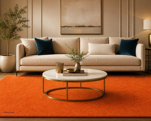 Burnt Orange Wool Area Rug, Handmade Solid Color Rug, New-Zealand Wool