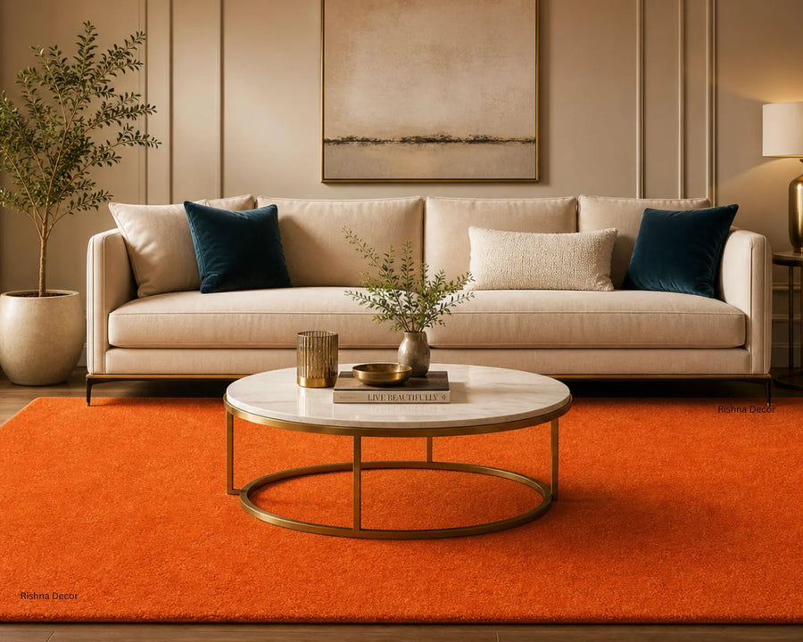 Burnt Orange Wool Area Rug, Handmade Solid Color Rug, New-Zealand Wool
