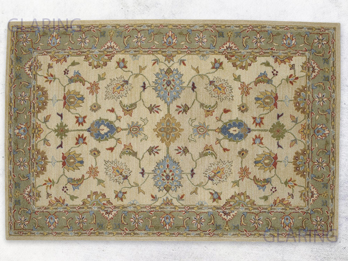Handmade Oushak Rug | Floral Design in Beige & Green