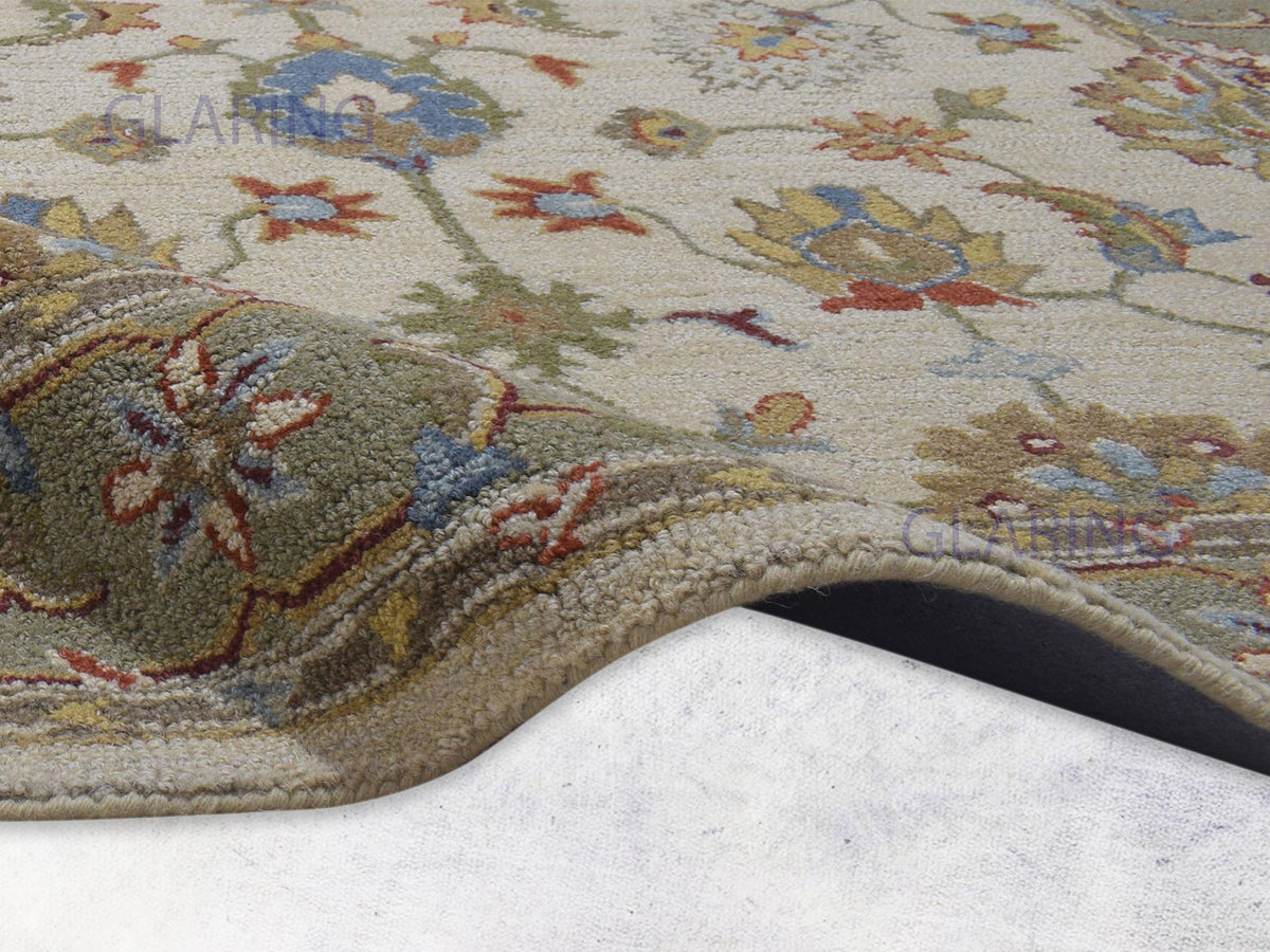 Handmade Oushak Rug | Floral Design in Beige & Green