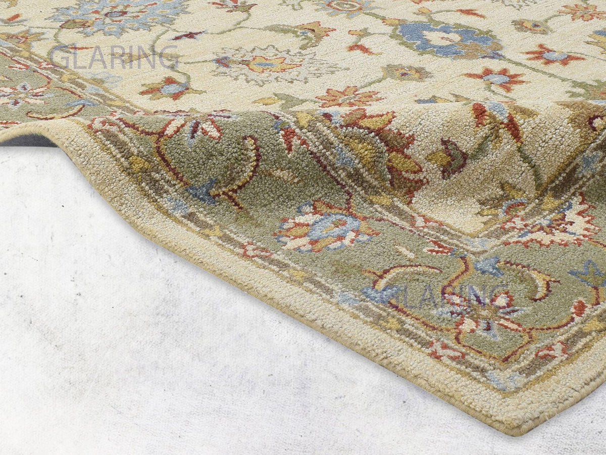 Handmade Oushak Rug | Floral Design in Beige & Green