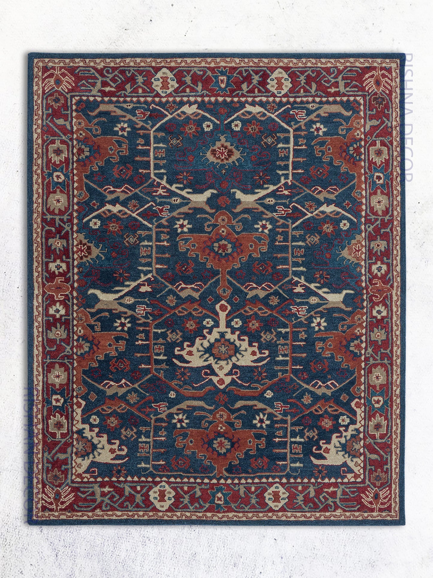 Handmade Persian Geometric Rug | Navy Blue & Rust Oriental Wool Rug