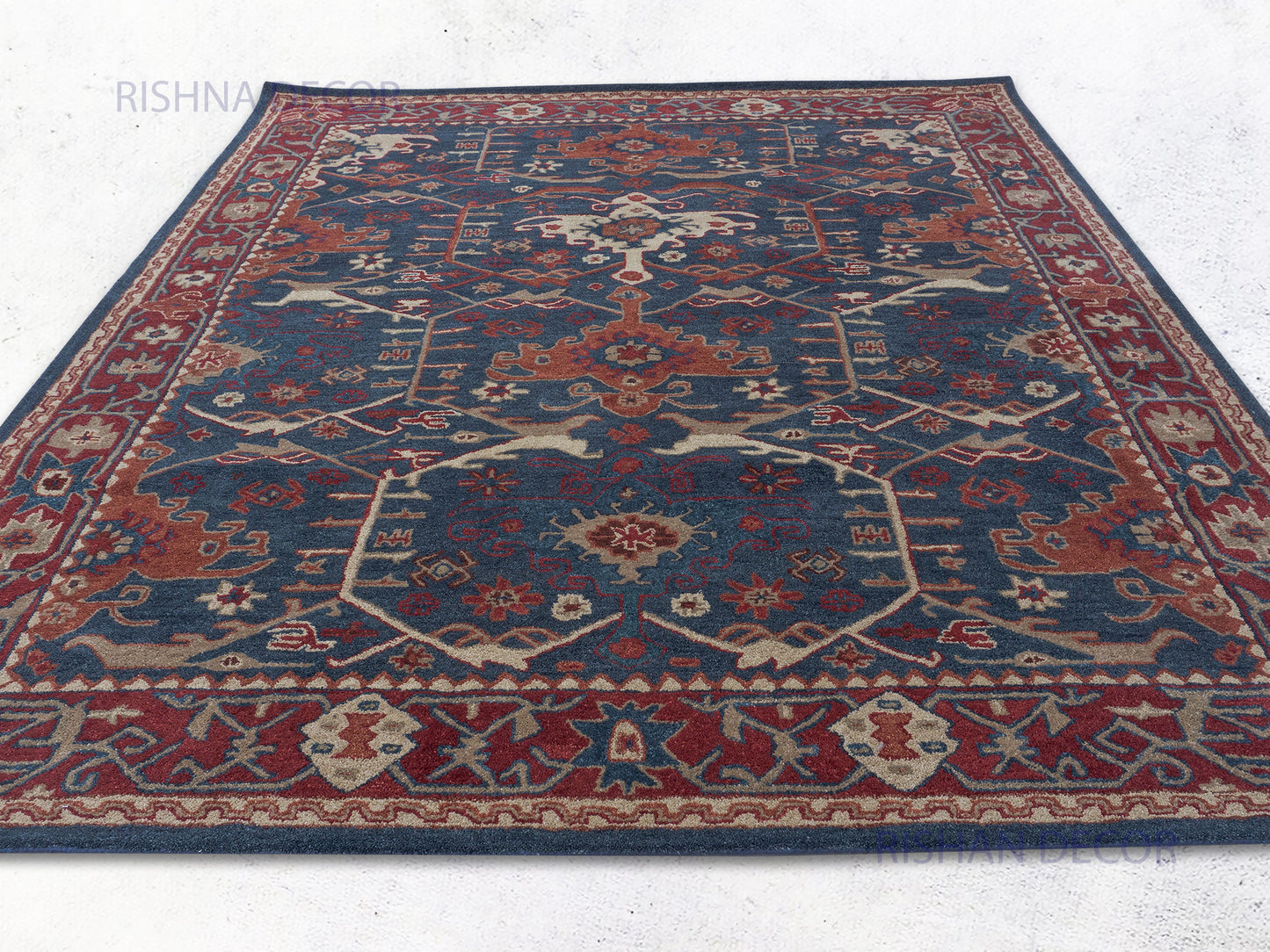 Handmade Persian Geometric Rug | Navy Blue & Rust Oriental Wool Rug