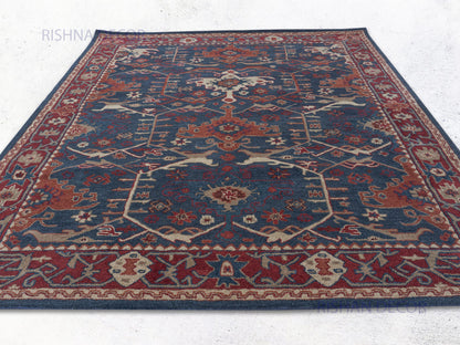 Handmade Persian Geometric Rug | Navy Blue & Rust Oriental Wool Rug