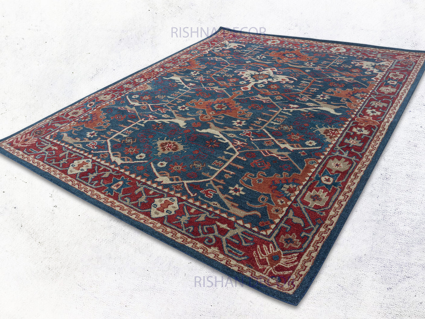 Handmade Persian Geometric Rug | Navy Blue & Rust Oriental Wool Rug