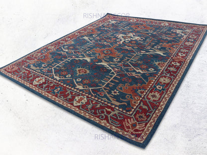 Handmade Persian Geometric Rug | Navy Blue & Rust Oriental Wool Rug