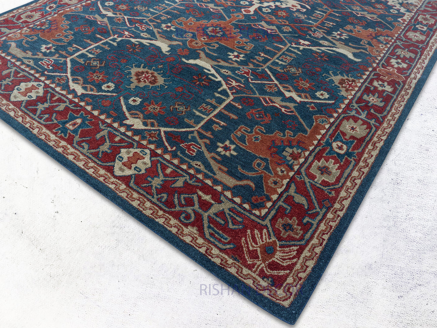 Handmade Persian Geometric Rug | Navy Blue & Rust Oriental Wool Rug