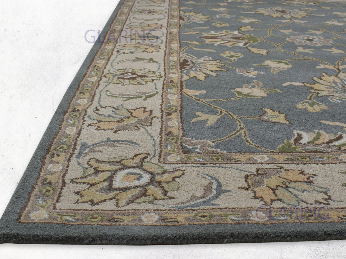Blue Grey and Ivory Wool Rug with Oushak Floral Design
