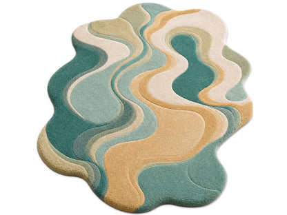 Handmade Organic Abstract Wool Area Rug | Teal, Beige & Ivory Modern Tufted Rug