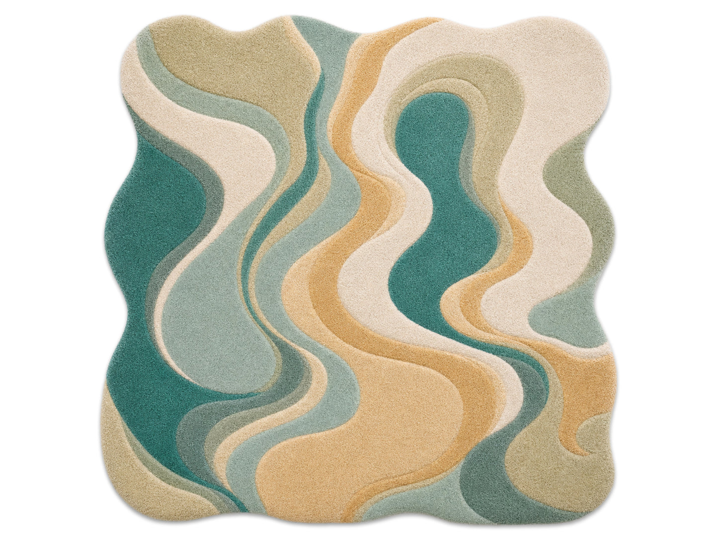 Handmade Organic Abstract Wool Area Rug | Teal, Beige & Ivory Modern Tufted Rug