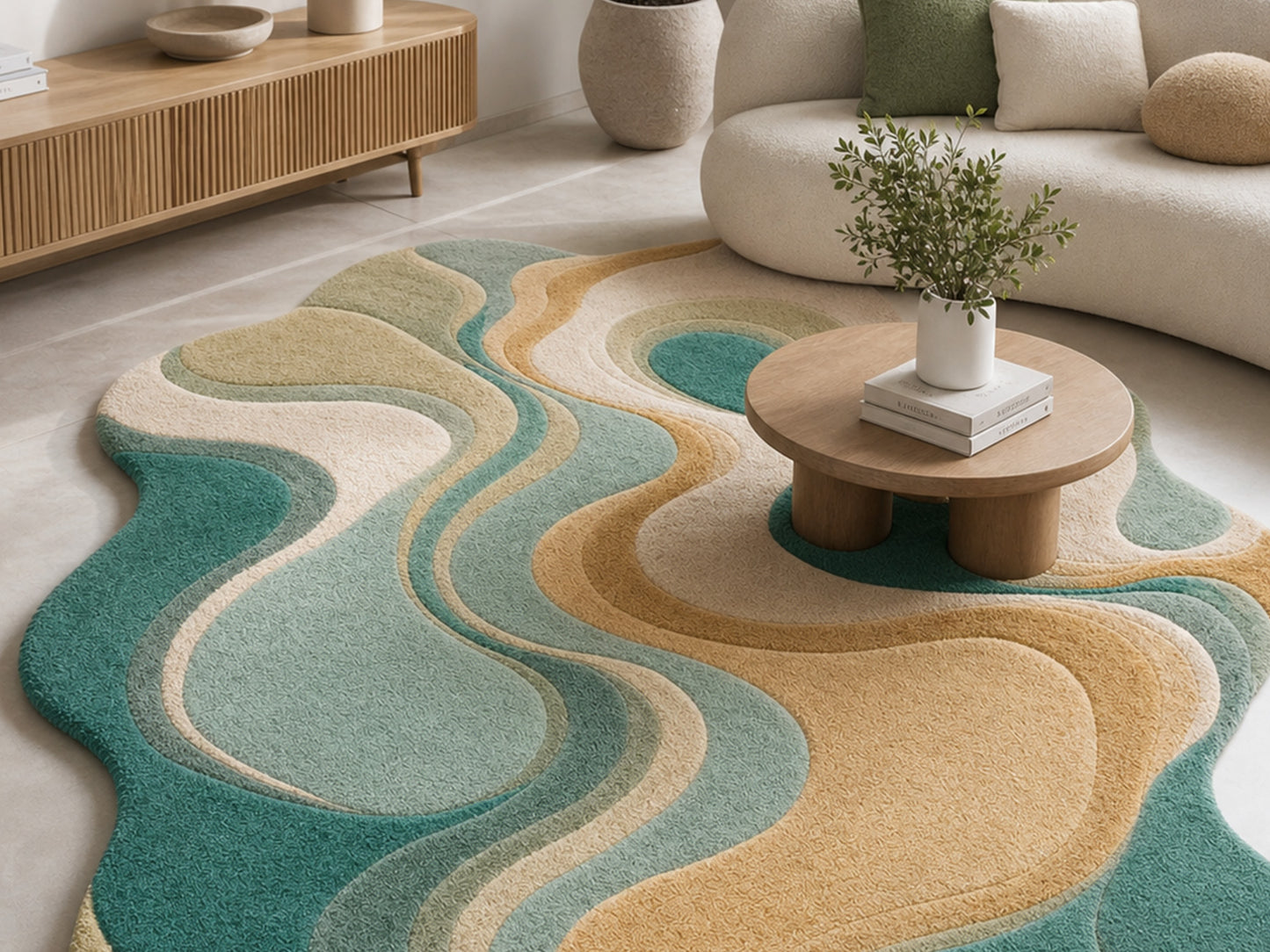 Handmade Organic Abstract Wool Area Rug | Teal, Beige & Ivory Modern Tufted Rug